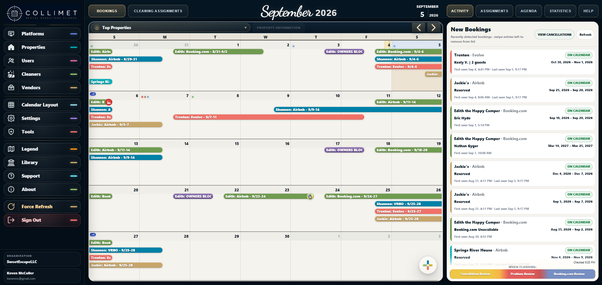 Collimet desktop calendar showing multiple vacation rental properties and new bookings