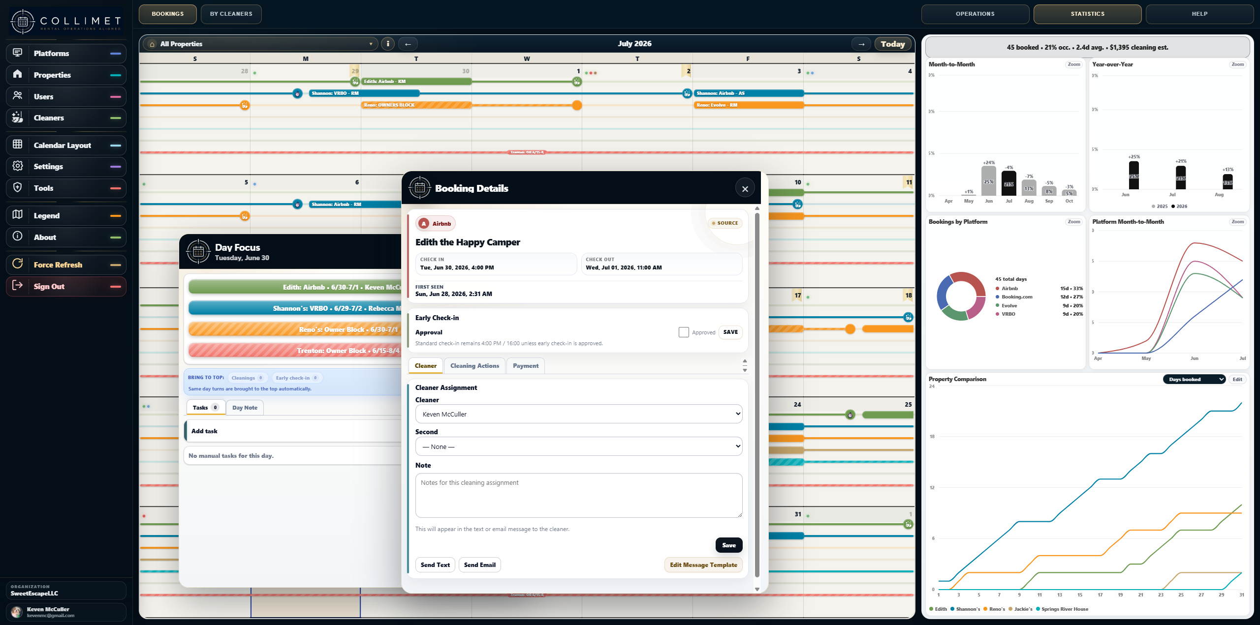Collimet desktop workspace showing the calendar, Day Focus, Booking Details, and statistics